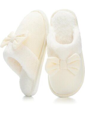 Women's Beige Memory Foam Fuzzy Non-Slip Faux Fur Lining Washable Bow Slippers